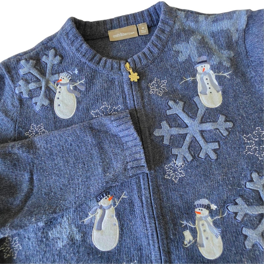 Croft & Barrow Womens Cardigan Blue Snowman Snowflake Zip Up Sweater Size M